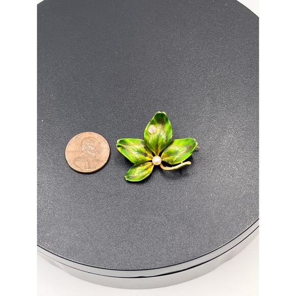 Art Nouveau 1900, 14k Yellow Gold Green Enamel Clover Seed Pearl Diamond Brooch - Picture 8 of 8